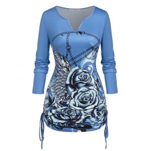 

Plus Size Cinched Rose Chains Print T-shirt, Blue