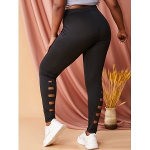 

Plus Size Ladder Ripped High Waisted Leggings, Black