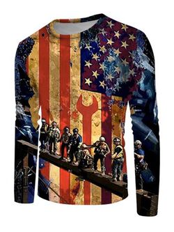 American Flag Printed Long Sleeve T-shirt - MULTI - 4XL