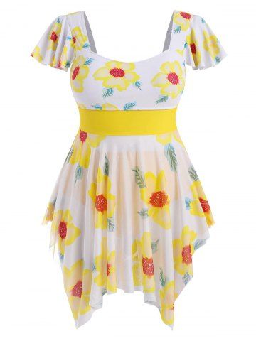 Plus Size Flower Print Flutter Sleeve Mesh Handkerchief Two Piece Swimsuits - YELLOW - 4X