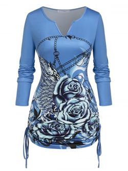 Plus Size Cinched Rose Chains Print T-shirt - BLUE - L