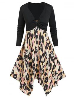 Leopard Print Ribbed Handkerchief Sweater Dress - BLACK - M