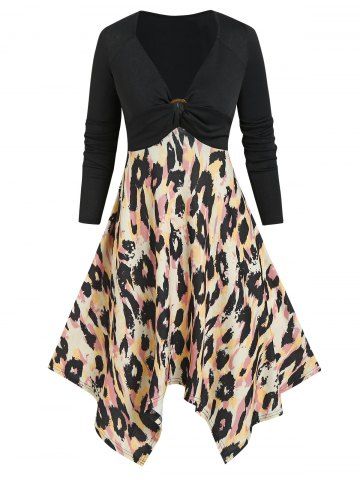 Leopard Print Ribbed Handkerchief Sweater Dress - BLACK - XXXL