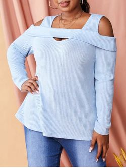 Plus Size Cold Shoulder Ribbed Sweater - LIGHT BLUE - 3X