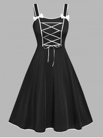 Plus Size Vintage Lace Up Bowknot Pin Up Midi 1950s Dress - BLACK - 1X