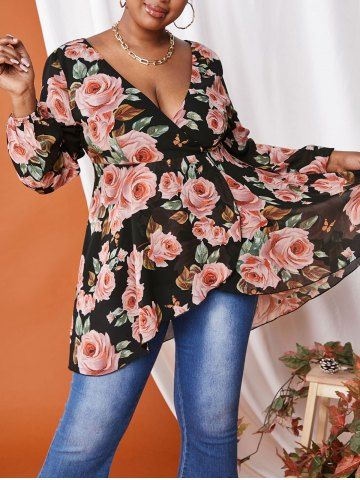 Haut Superposé à Imprimé Fleur Haut Bas en Mousseline de Grande Taille - BLACK - L