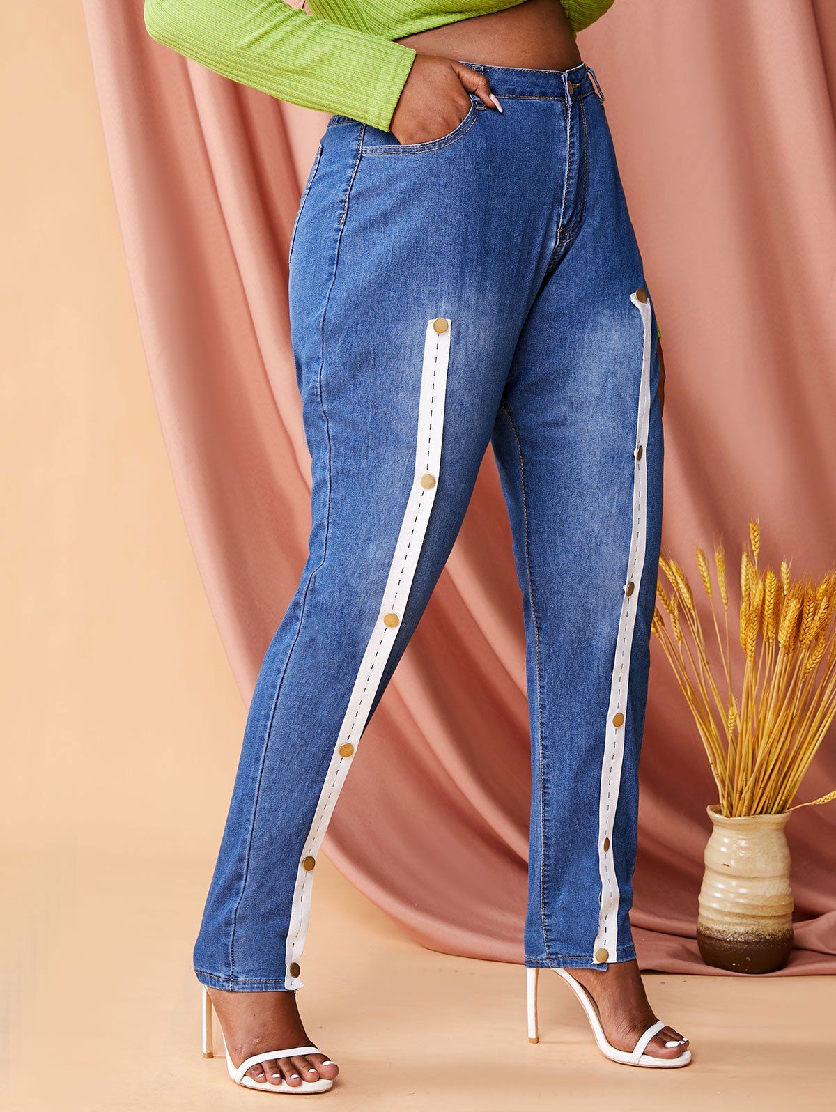 Best Skinny Front Slit Buttoned Tape Plus Size Jeans  