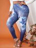 Legging Moulant à Imprimé 3D Papillon et Fleur de Grande Taille - Bleu profond 4X