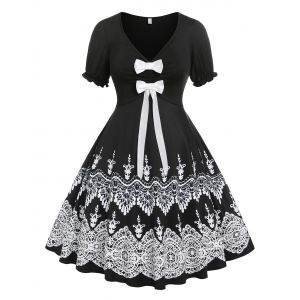 

Plus Size Tribal Print Bowknot Flare Dress, Black