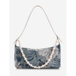 

Faux Pearl Strap Flower Pattern Shoulder Bag, Silk blue