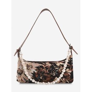 

Faux Pearl Strap Flower Pattern Shoulder Bag, Brown