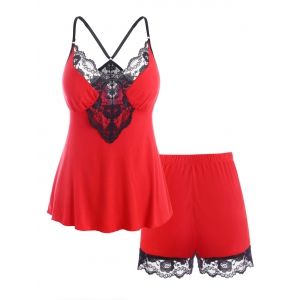 

Lace Panel Bustier Scalloped Edge Plus Size Sleep Cami Set, Red