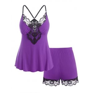 

Lace Panel Bustier Scalloped Edge Plus Size Sleep Cami Set, Purple