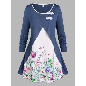 

Plus Size Floral Print Frog Buttons 2 in 1 T-shirt, White