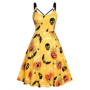 

Plus Size Halloween Bat Pumpkin Print Dress, Yellow