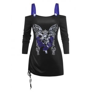 

Plus Size Cold Shoulder Butterfly Skull Print Cinched T-shirt, Black