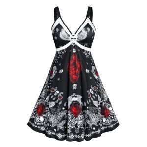 

Plus Size Halloween Skull Paisley Backless Empire Waist Dress, Black