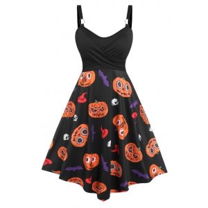 

Plus Size Pumpkin Print Crossover Halloween Dress, Black