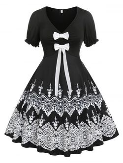 Plus Size Tribal Print Bowknot Flare 50s Dress - BLACK - L