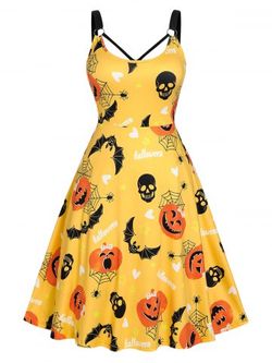 Plus Size Halloween Bat Pumpkin Print Dress - YELLOW - L