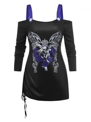 Plus Size Gothic Cold Shoulder Butterfly Skull Print Cinched T-shirt