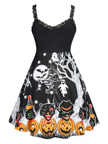 Plus Size Halloween Printed Fit and Flare Dress