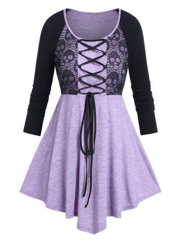 Plus Size Skull Lace Panel Lace-up Halloween Tee - MULTI - 1X