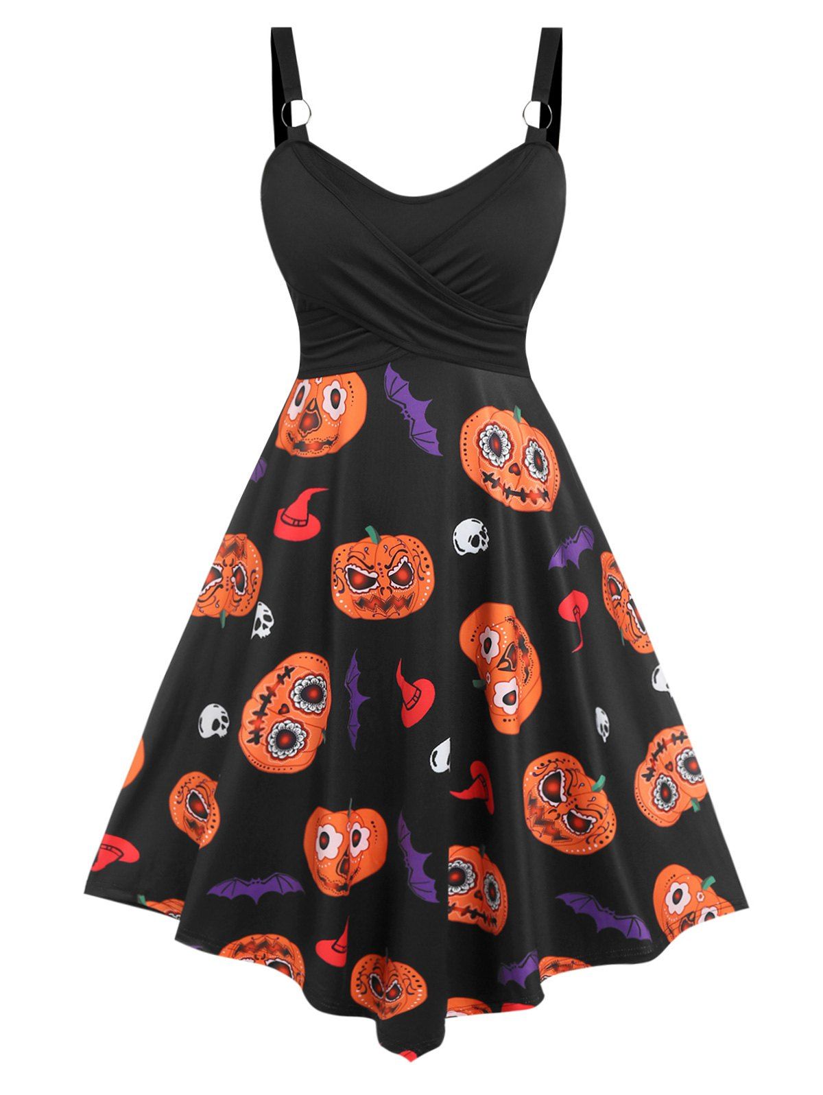 Outfit Plus Size Pumpkin Print Crossover Halloween Dress  