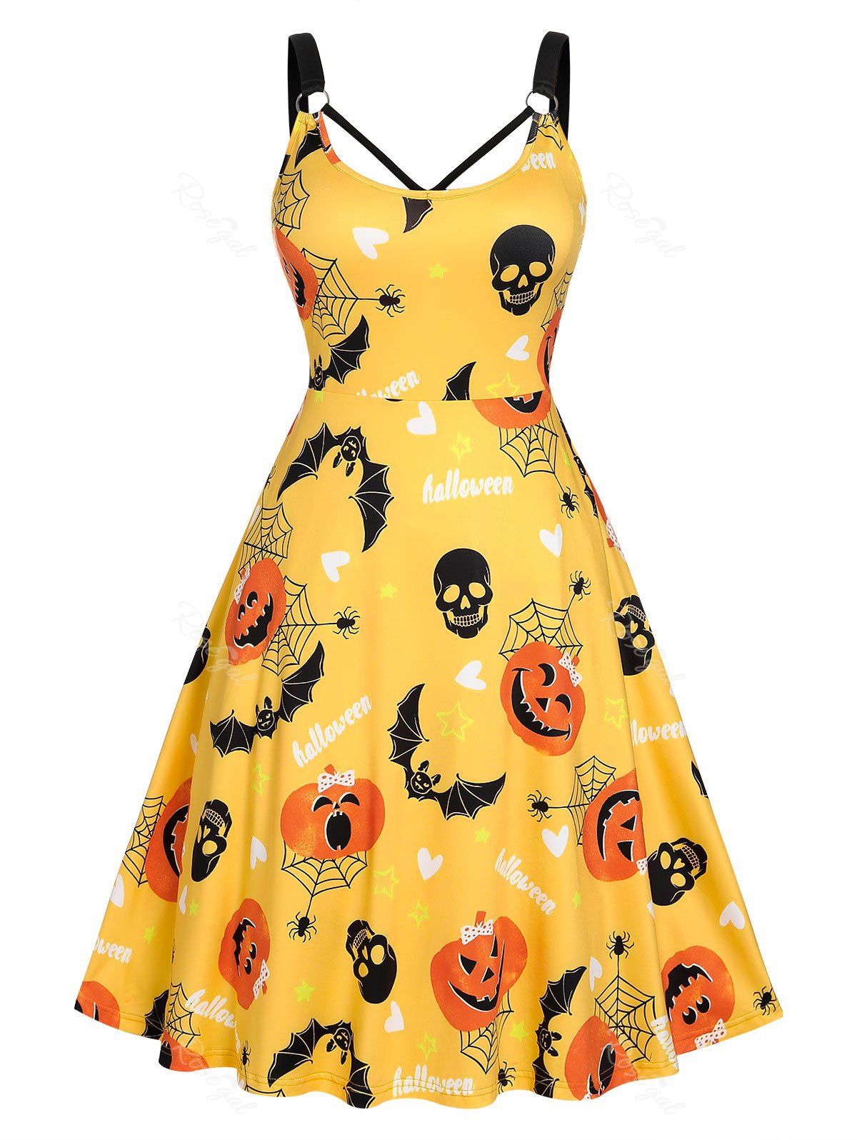 Robe D'Halloween à Imprimé Citrouille et Chauve-souris de Grande Taille Jaune 1X
