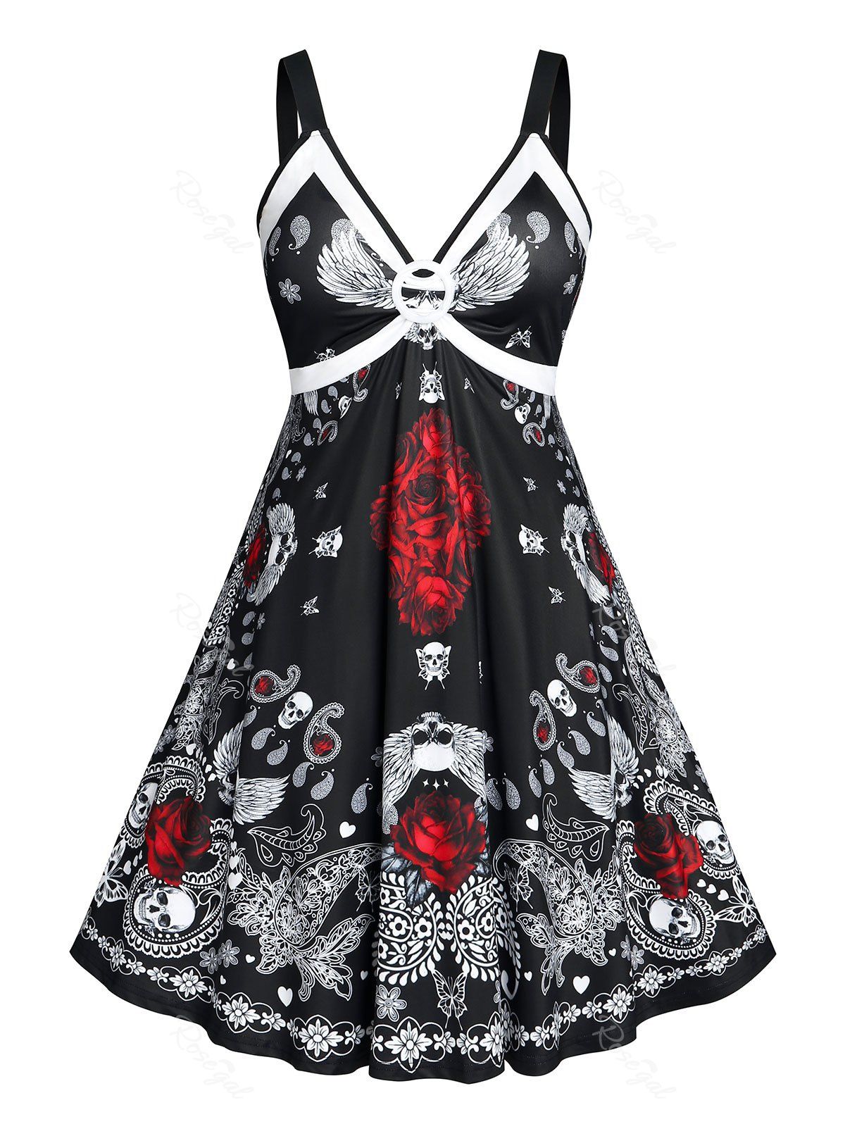 Outfits Plus Size Halloween Skull Paisley Backless Empire Waist Dress  