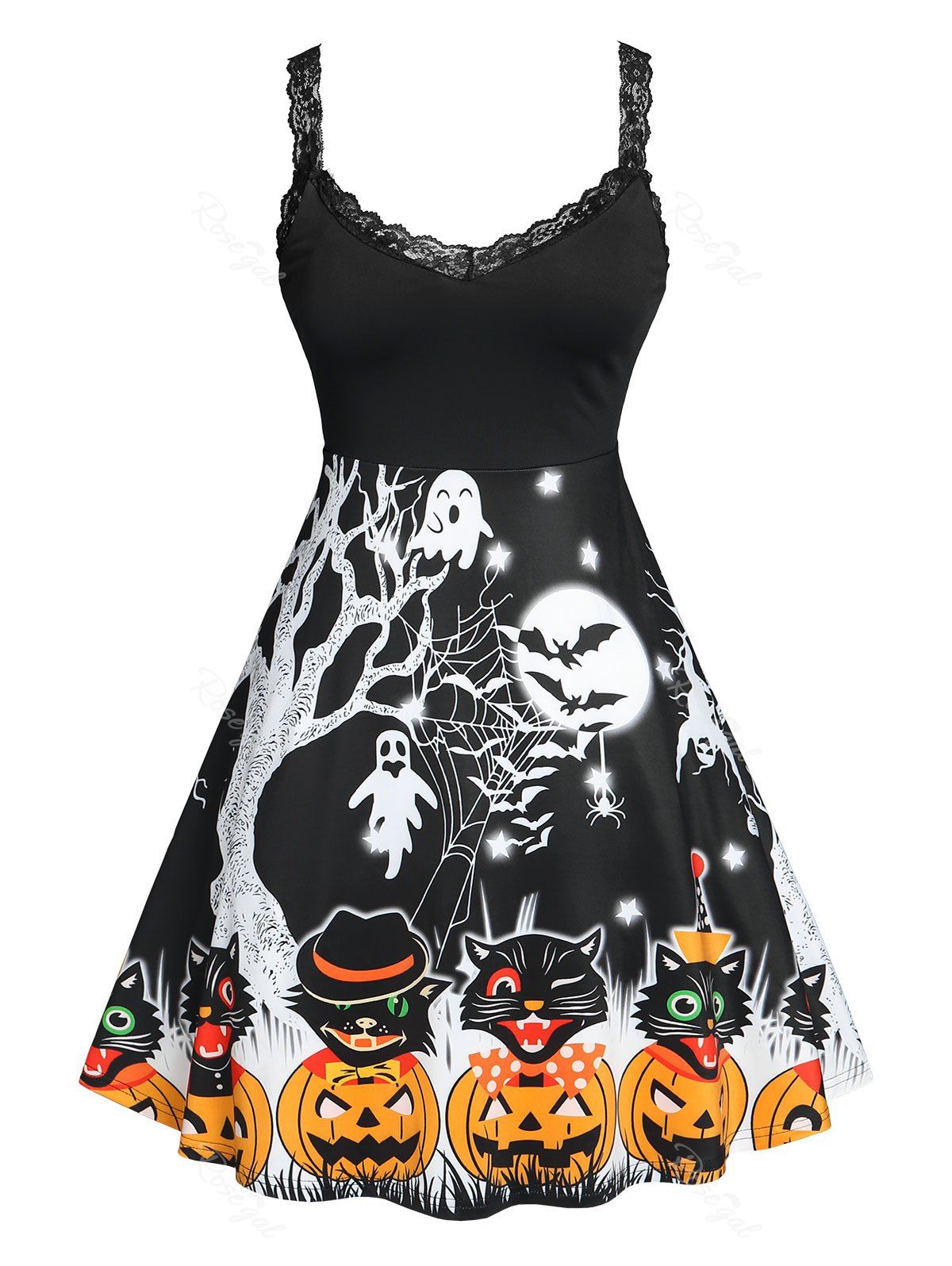 Robe D'Halloween Evasée Ajustée Imprimée de Grande Taille Noir 3X