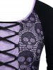 Plus Size Skull Lace Panel Lace-up Halloween Tee -  