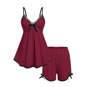 

Plus Size Lace Trim Binding Bowknot PJ Two Piece Short Set, Deep red