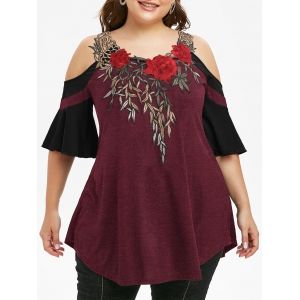 

Plus Size Cold Shoulder Embroidery T Shirt, Deep red