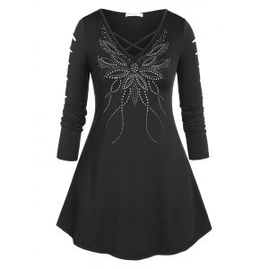 

Plus Size Rhinestone Criss Cross Tunic Ripped Tee, Black