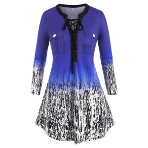 

Plus Size Lace Up Ombre Print Flap Detail Tunic Tee, Blue