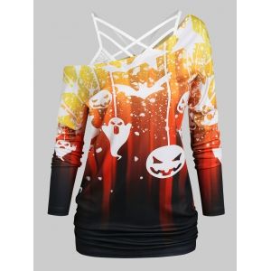 

Halloween Bat Pumpkin Print T-shirt with Flower Lace Criss-cross Cami Top, Dark orange