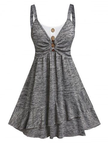 Botón vestido ruchado vestido de fluyado en capas - LIGHT GRAY - XXXL