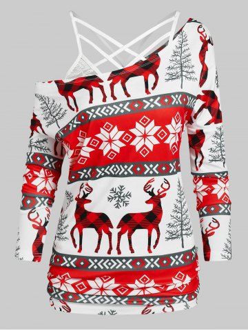 Christmas Deer Snowflake Print T-shirt with Flower Lace Criss-cross Cami Top - RED - M