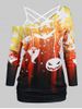 Halloween Bat Pumpkin Print T-shirt with Flower Lace Criss-cross Cami Top -  