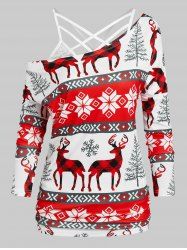 T-shirt de Noël Cerf Flocon de Neige et Haut à Bretelle Croisée en Dentelle - Rouge XXXL