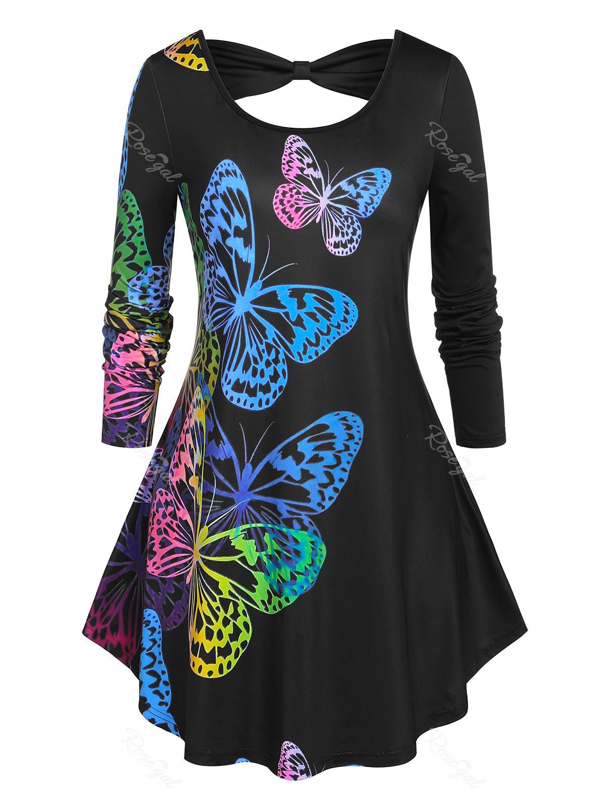 Fashion Plus Size Cutout Colorful Butterfly Print T-shirt  