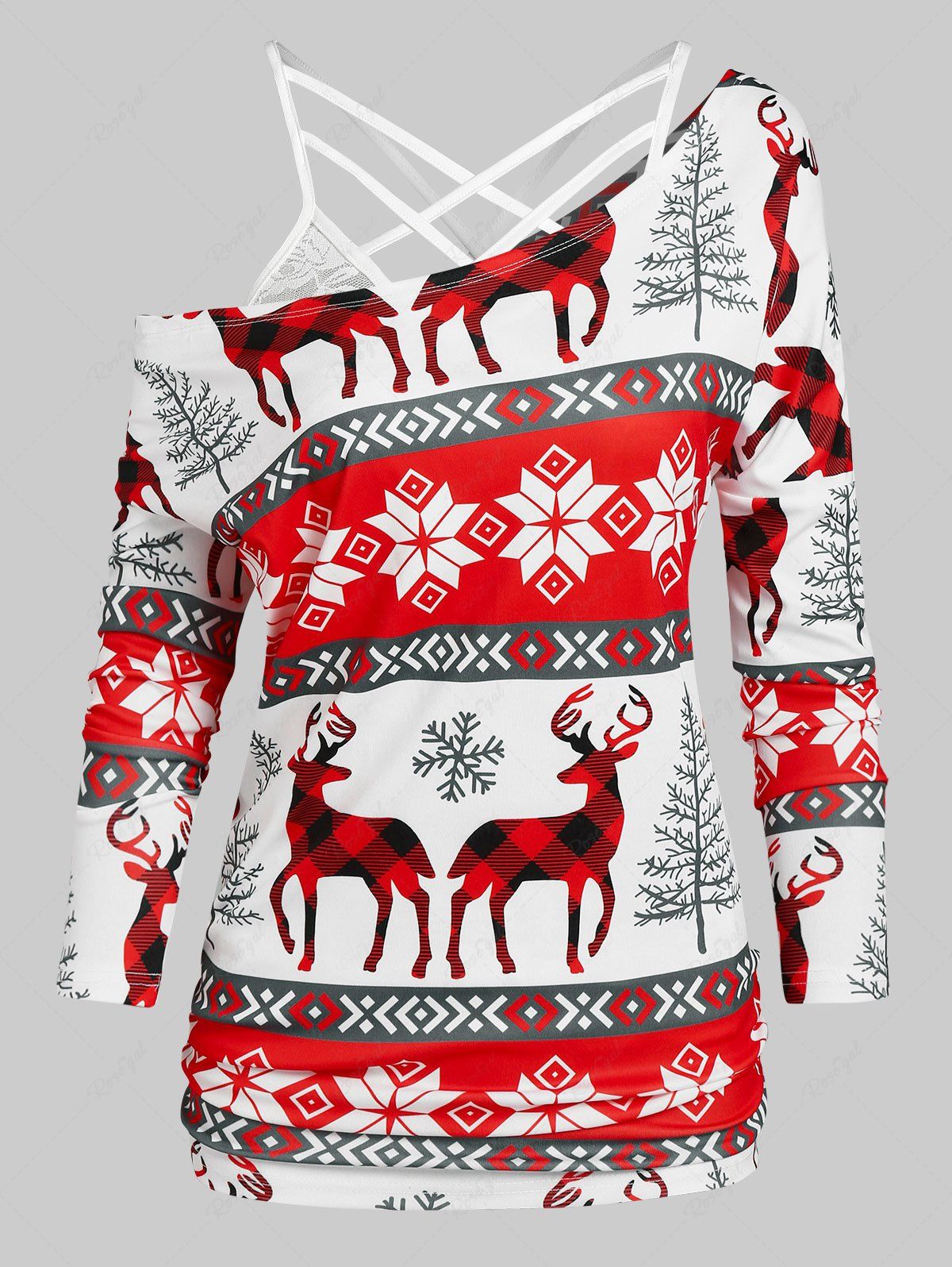 T-shirt de Noël Cerf Flocon de Neige et Haut à Bretelle Croisée en Dentelle Rouge XXXL