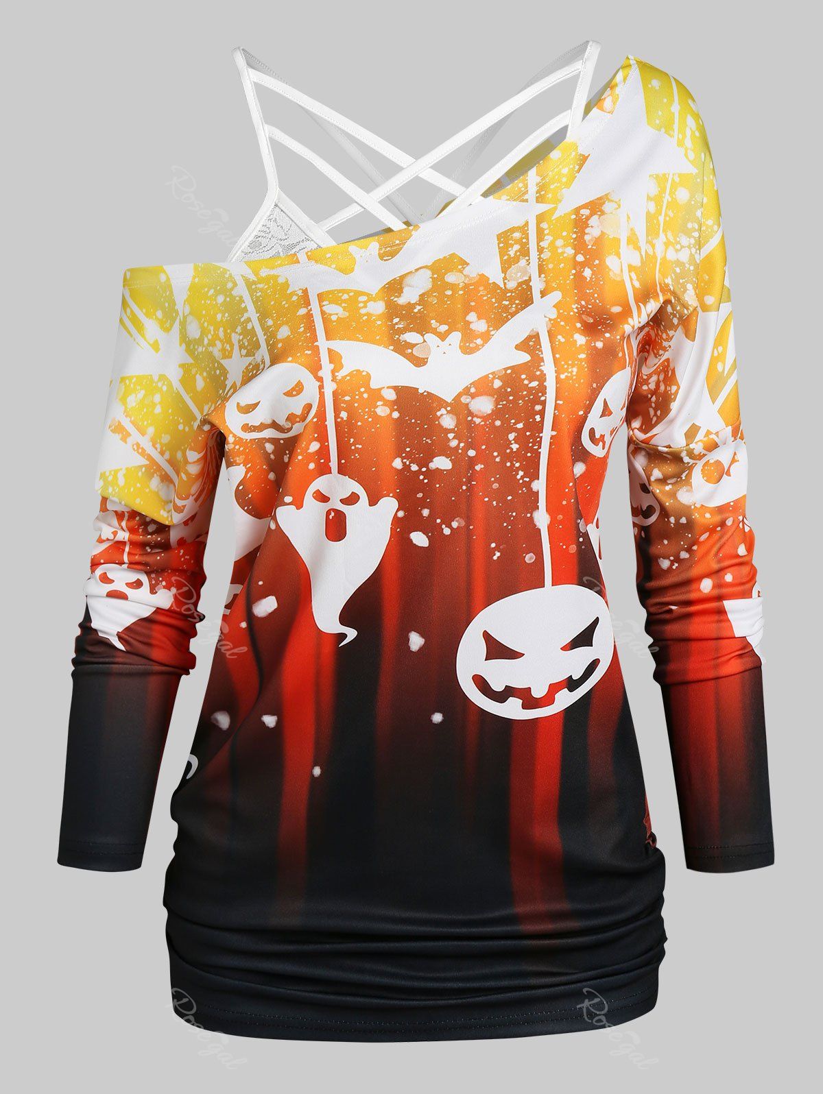 Sale Halloween Bat Pumpkin Print T-shirt with Flower Lace Criss-cross Cami Top  