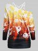 Halloween Bat Pumpkin Print T-shirt with Flower Lace Criss-cross Cami Top -  