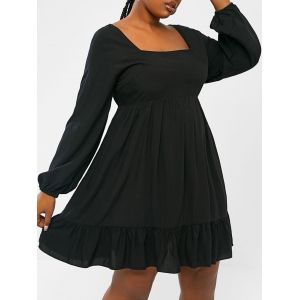 

Plus Size Square Collar Ruffle Long Sleeve Smock Dress, Black