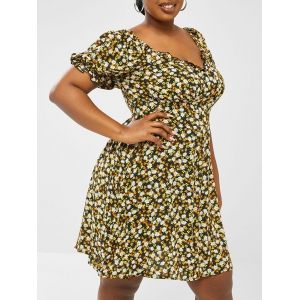 

Plus Size Ditsy Floral Frilled Puff Sleeve Shirred Back Dress, Black