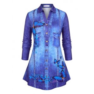 

Plus Size Buttons Butterfly Denim Print Blouse, Blue