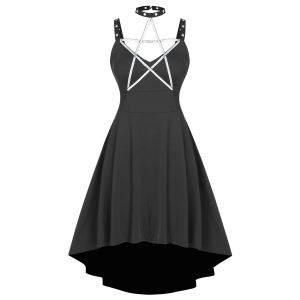 

Plus Size Eyelet Star Pattern Cutout High Low Punk Dress, Black