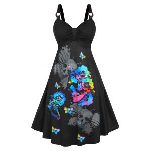 

Plus Size Halloween O Ring Skull Rose Print Dress, Black